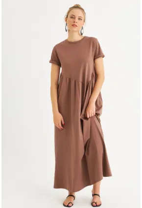 Kadın Sütlü Kahve Asimetrik Dikişli Maxi Elbise MDMR440