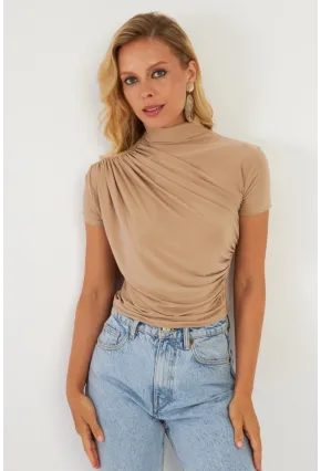 Kadın Sütlü Kahve Büzgülü Bluz LPP1287