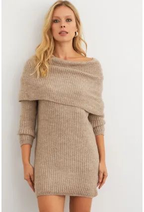 Kadın Sütlü Kahve Madonna Yaka Triko Tunik Elbise KAZ36