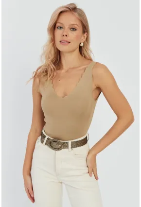 Kadın Sütlü Kahve Merdiven Yaka Triko Bluz YV83