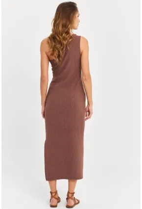 Kadın Sütlü Kahve Omuz Aksesuarlı Kolsuz Midi Elbise MOD2400