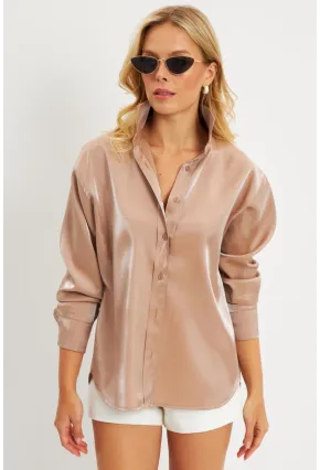 Kadın Sütlü Kahve Parlak Gömlek MQRS8022