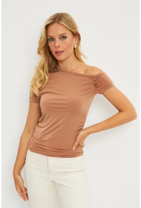 Kadın Taba Asimetrik Yaka Büzgüllü Bluz DMR332