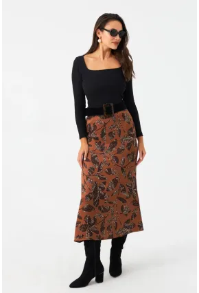 Kadın Taba Desenli Saten Etek CAR1060