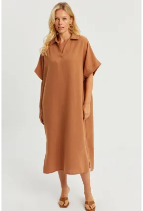 Kadın Taba Keten Midi Elbise DMR85