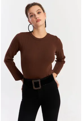 Kadın Taba Kısa Triko Bluz YV290