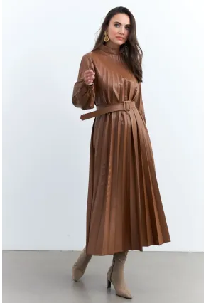 Kadın Taba Pileli Kemerli Maxi Elbise MALZ99