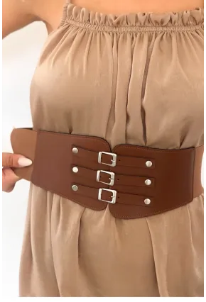 Kadın Taba Üç Tokalı Lastikli Korse Kemer BE642