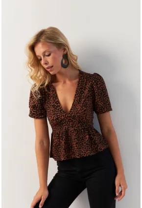 Kadın Taba V Yaka Desenli Bluz KAZ21