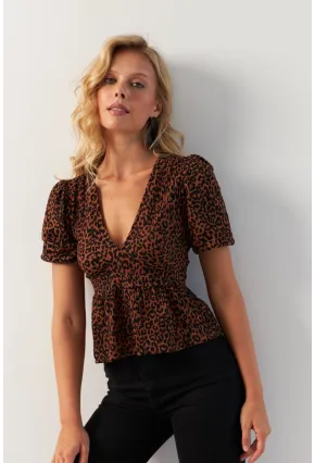 Kadın Taba V Yaka Desenli Bluz KAZ21