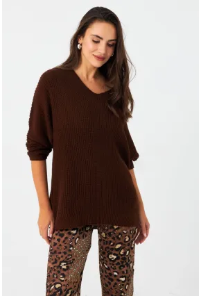 Kadın Tarçın V Yaka Salaş Triko Bluz SMT158