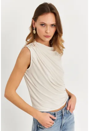 Kadın Taş Düğme Detaylı Büzgülü Bluz LPP1205-1