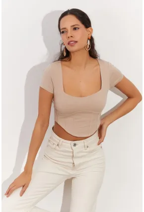 Kadın Taş Kare Yaka Crop Bluz RX420