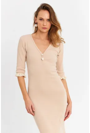 Kadın Taş Kolları Dantel Detaylı Kaşkorse Midi Elbise EY2955