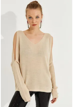 Kadın Taş Kolu Yırtmaçlı Triko Bluz SMT221