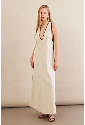 Kadın Taş Kontrast Çizgili Maxi Keten Elbise MSİ101