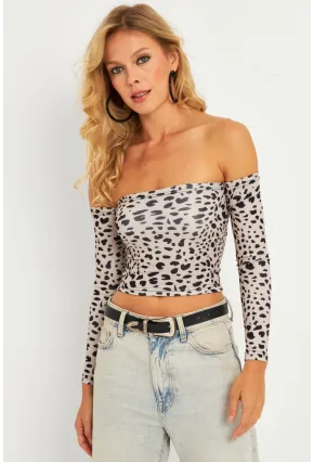 Kadın Taş Leopar Desenli Crop Bluz CG378