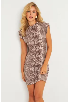 Kadın Taş Omuzları Vatkalı Yılan Desenli Mini Elbise GÇ183