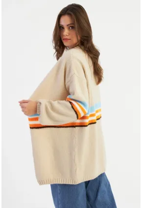 Kadın Taş Renk Çizgili Hırka SMT2429