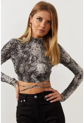 Kadın Taş Sırt Dekolteli Yılan Desenli Crop Bluz LPP1131