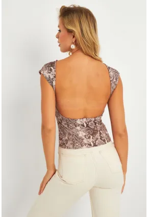 Kadın Taş Sırtı Açık Yılan Desenli Yılbaşı Bluz GÇ185