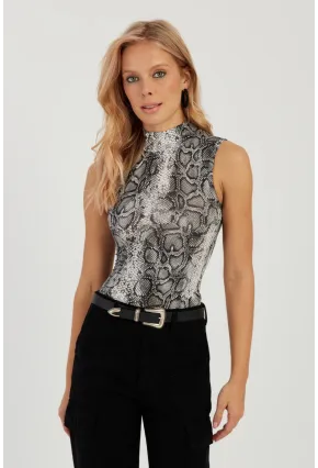 Kadın Taş-Siyah Yılan Desenli Kolsuz Bluz LPP1259