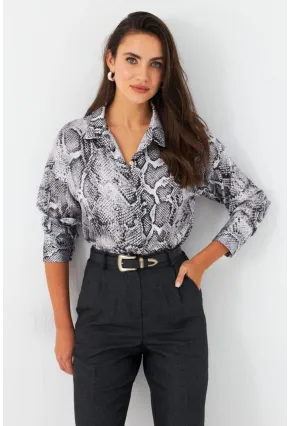 Kadın Taş-Siyah Yılan Desenli Saten Gömlek SHR9
