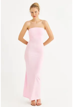 Kadın Toz Pembe Straplez Yırtmaçlı Midi Elbise XC005