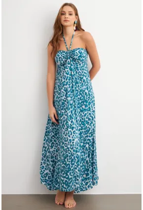 Kadın Turkuaz Büzgülü Desenli Midi Elbise KAB304