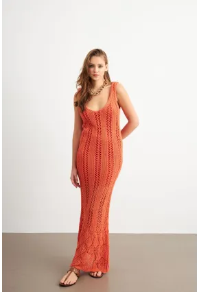 Kadın Turuncu Astarlı Ajurlu Maxi Elbise MBE15001