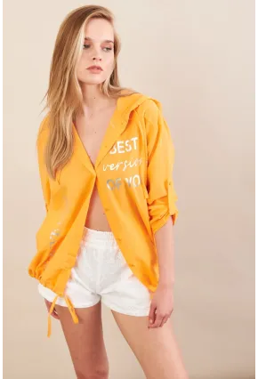 Kadın Turuncu Baskılı Kapüşonlu Gömlek MPC308