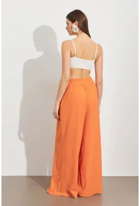 Kadın Turuncu Beli Lastikli Bürümcük Pantolon ROP105