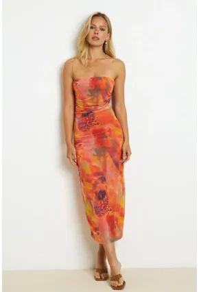 Kadın Turuncu Büzgülü Astarlı Tül Midi Elbise YEL89