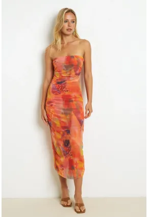 Kadın Turuncu Büzgülü Astarlı Tül Midi Elbise YEL89