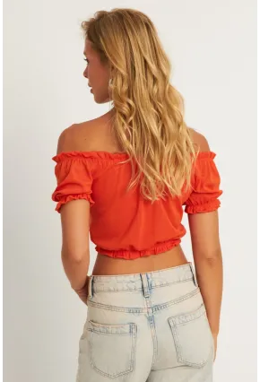 Kadın Turuncu Büzğülü Crop Bluz KAZ13