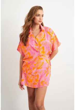 Kadın Turuncu Desenli Gömlek Şort Takım Q1007