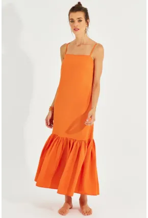 Kadın Turuncu Eteği Volanlı Askılı Midi Elbise MEN2001