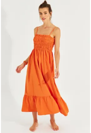 Kadın Turuncu Gipeli Askılı Midi Elbise MEN2000