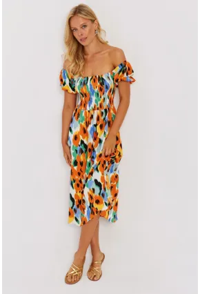 Kadın Turuncu Gipeli Desenli Midi Elbise MON126