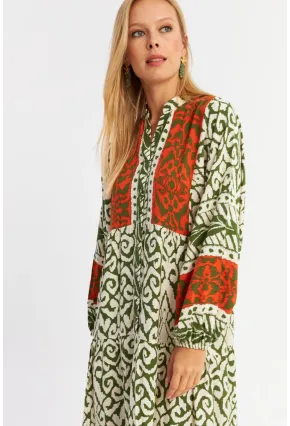 Kadın Turuncu-Haki Volanlı Maxi Elbise MALO11