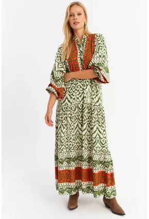 Kadın Turuncu-Haki Volanlı Maxi Elbise MALO11