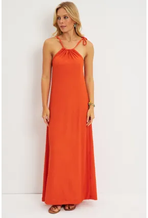 Kadın Turuncu Halter Yaka Bürümcük Midi Elbise EY2788