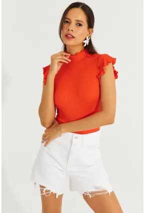 Kadın Turuncu Kolları Fırfırlı Fitilli Bluz TH1092