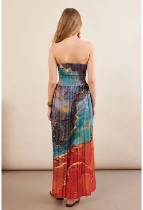 Kadın Turuncu-Mavi Straplez Pilise Uzun Elbise MSİ100