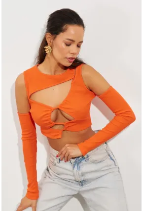 Kadın Turuncu Pencereli Kaşkorse Crop Bluz B2403