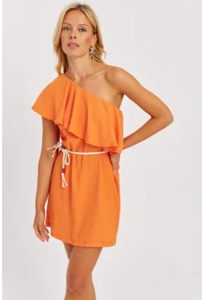 Kadın Turuncu Tek Omuz Mini Elbise EY2778