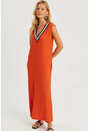 Kadın Turuncu V Yaka Bloklu Maxi Elbise EY2779