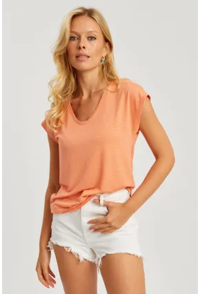 Kadın Turuncu V Yaka Simli Bluz RX436