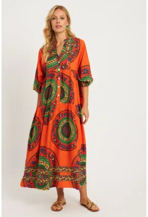 Kadın Turuncu-Yeşil Desenli Midi Elbise GÇ169