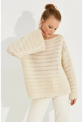 Kadın Vanilya Ajurlu Triko Bluz YV213